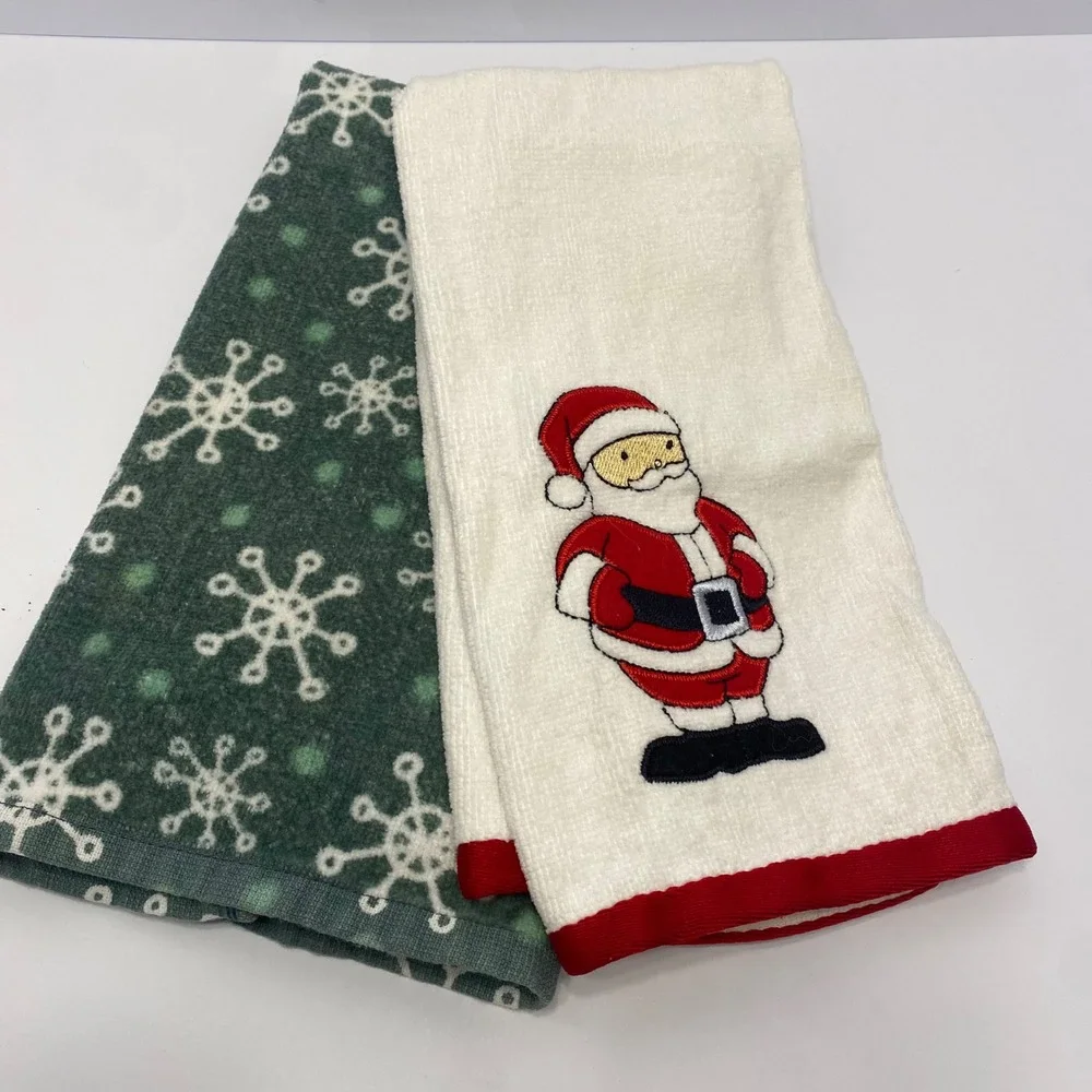 St Nicholas Square Christmas Hand Towel‎ Set 2pc Green White Santa Snowflakes